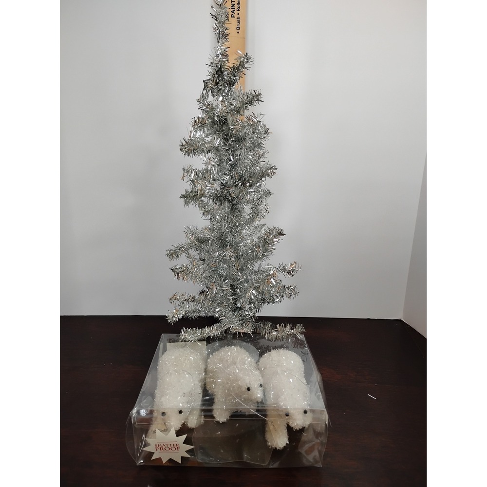 Silver Tinsel Tabletop Christmas Tree 20in and 3 White Polar Bear Ornaments Set